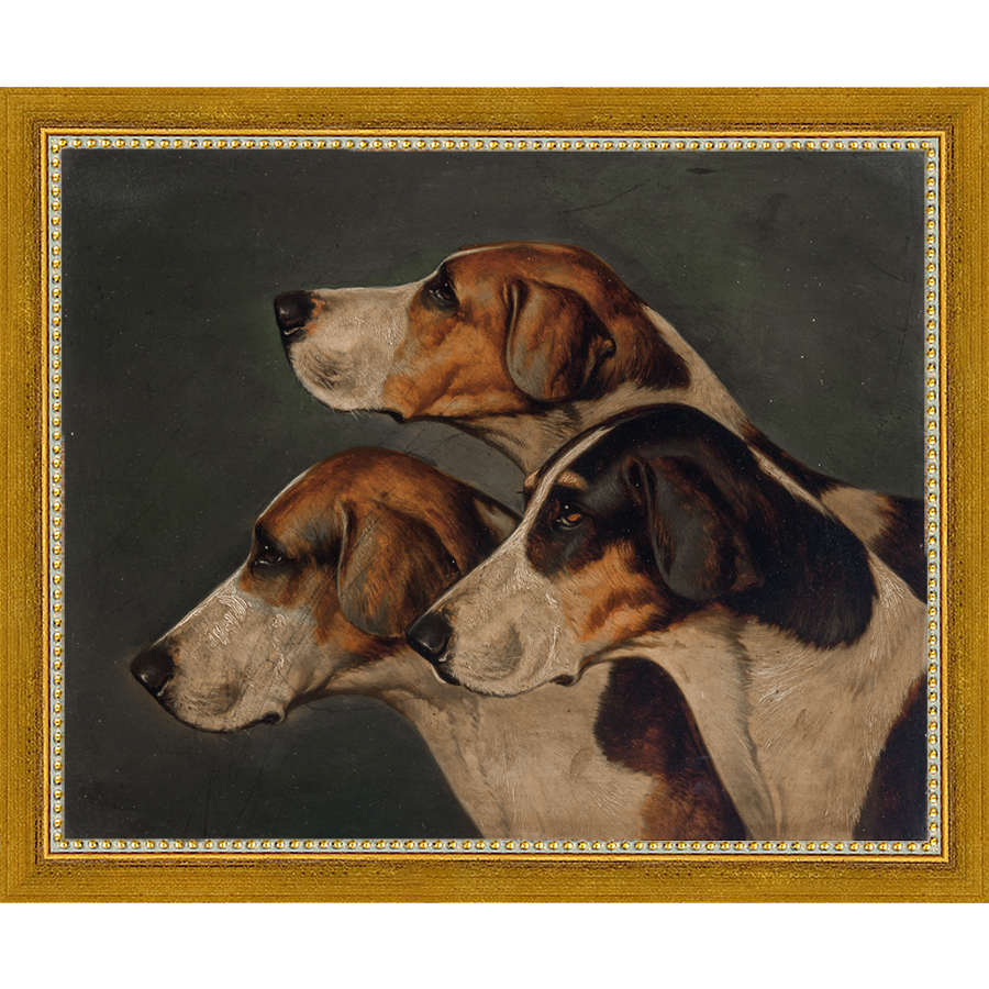 SA150-THREE HUNTING DOGS Hand framed in a transitional gold frame. Finished Size: W 11.25 in x H 9.25 in