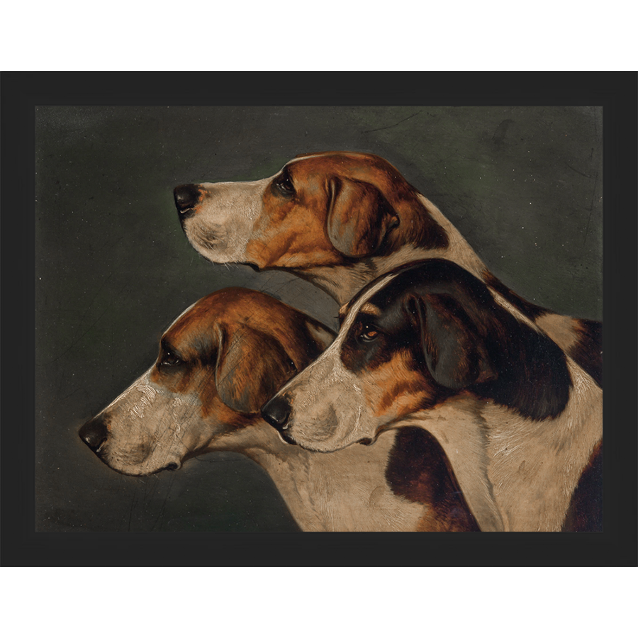 SA150-THREE HUNTING DOGS Hand framed in a matte black frame. Finished Size: W 13.25 in x H 10.25 in