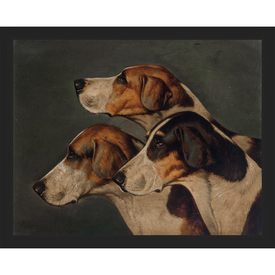 SA150-THREE HUNTING DOGS Hand framed in a matte black frame. Finished Size: W 15.25 in x H 12.25 in