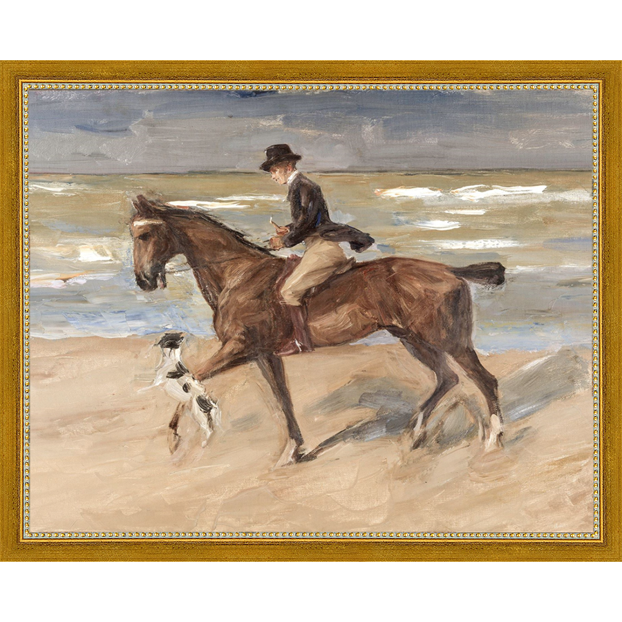 SA151-RIDER AND DOG ON THE BEACH Hand framed in a transitional gold frame. Finished Size: W 15.25 in x H 12.25 in