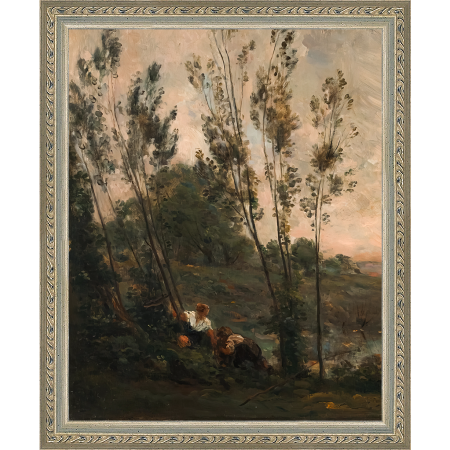 SA181-WOODS AT DUSK II DIPTYCH Hand framed in an ornate dark silver frame. Finished Size: W 9.25 in x H 11.25 in