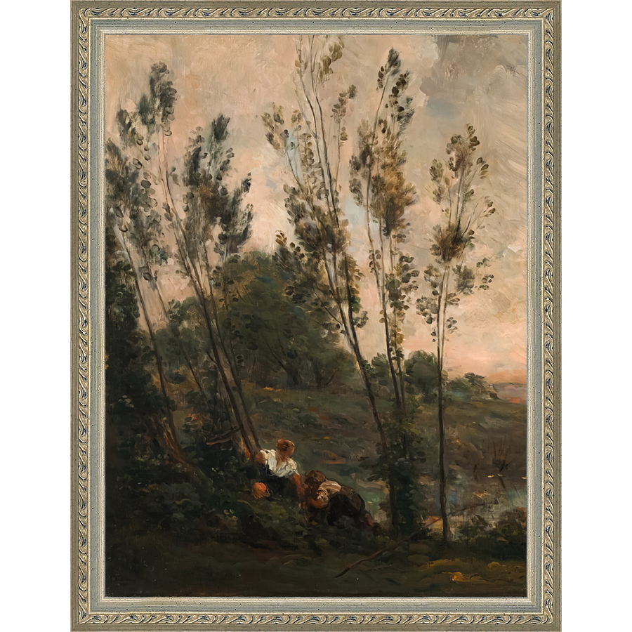 SA181-WOODS AT DUSK II DIPTYCH Hand framed in an ornate dark silver frame. Finished Size: W 10.25 in x H 13.25 in