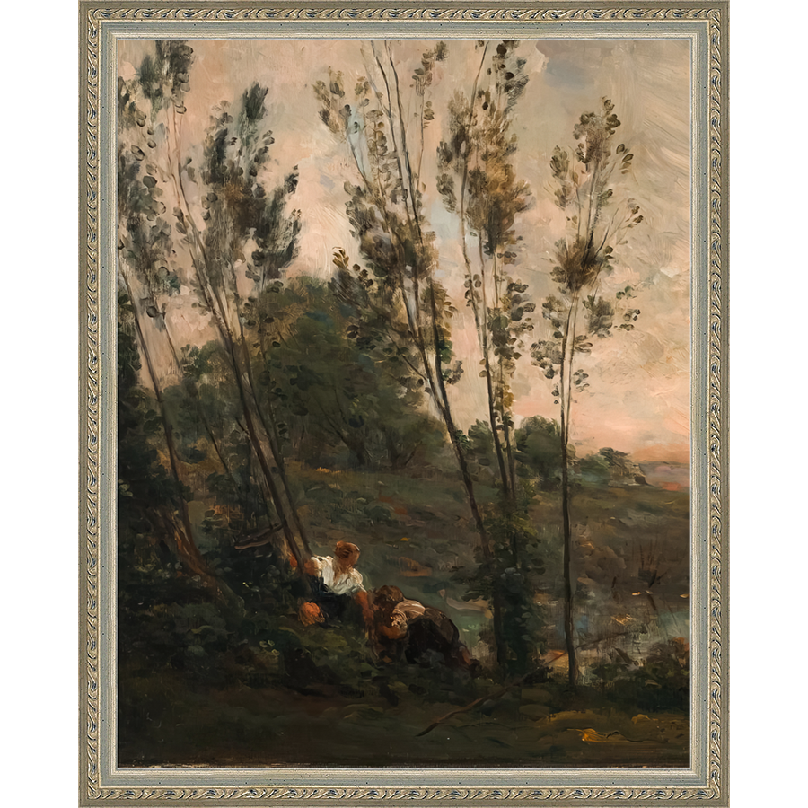 SA181-WOODS AT DUSK II DIPTYCH Hand framed in an ornate dark silver frame. Finished Size: W 12.25 in x H 15.25 in