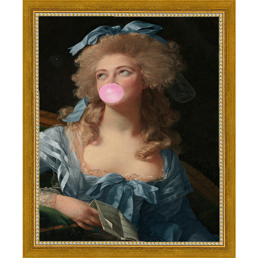 SA231-FANCIFUL ROCOCO WOMAN Hand framed in a transitional gold frame. Finished Size: W 9.25 in x H 11.25 in