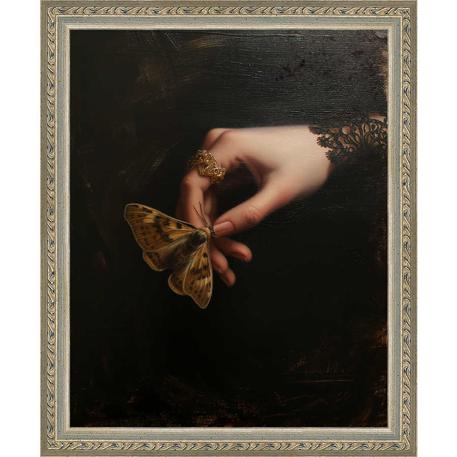 SA251-GOTHIC BUTTERFLY Hand framed in an ornate dark silver frame. Finished Size: W 9.25 in x H 11.25 in
