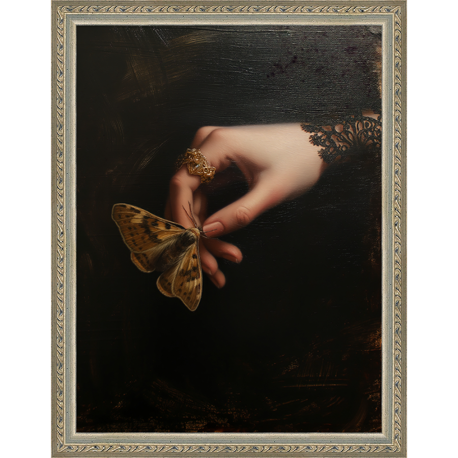 SA251-GOTHIC BUTTERFLY Hand framed in an ornate dark silver frame. Finished Size: W 10.25 in x H 13.25 in