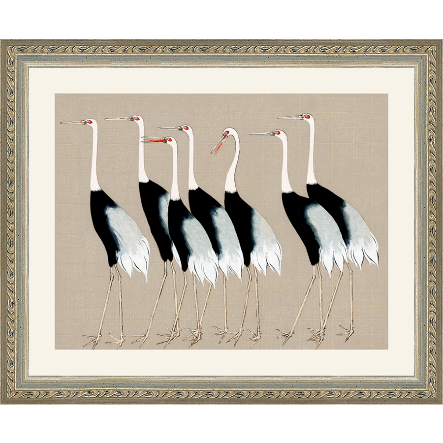 SA260-HERD OF OSTRICH Hand framed in an ornate dark silver frame. Finished Size: W 11.25 in x H 9.25 in