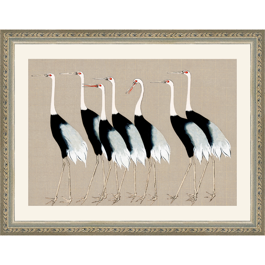 SA260-HERD OF OSTRICH Hand framed in an ornate dark silver frame. Finished Size: W 13.25 in x H 10.25 in