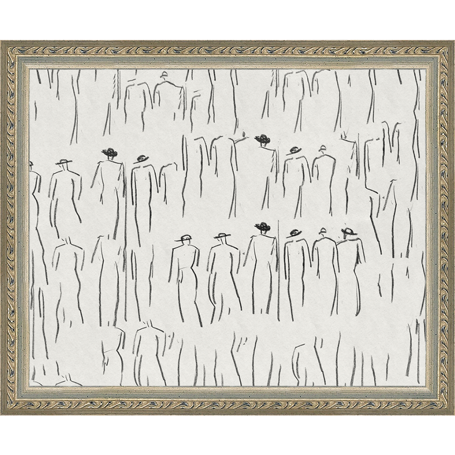 SA263-CROWD SKETCH Hand framed in an ornate dark silver frame. Finished Size: W 11.25 in x H 9.25 in