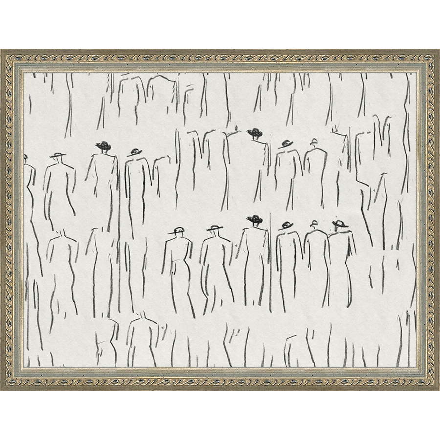 SA263-CROWD SKETCH Hand framed in an ornate dark silver frame. Finished Size: W 13.25 in x H 10.25 in