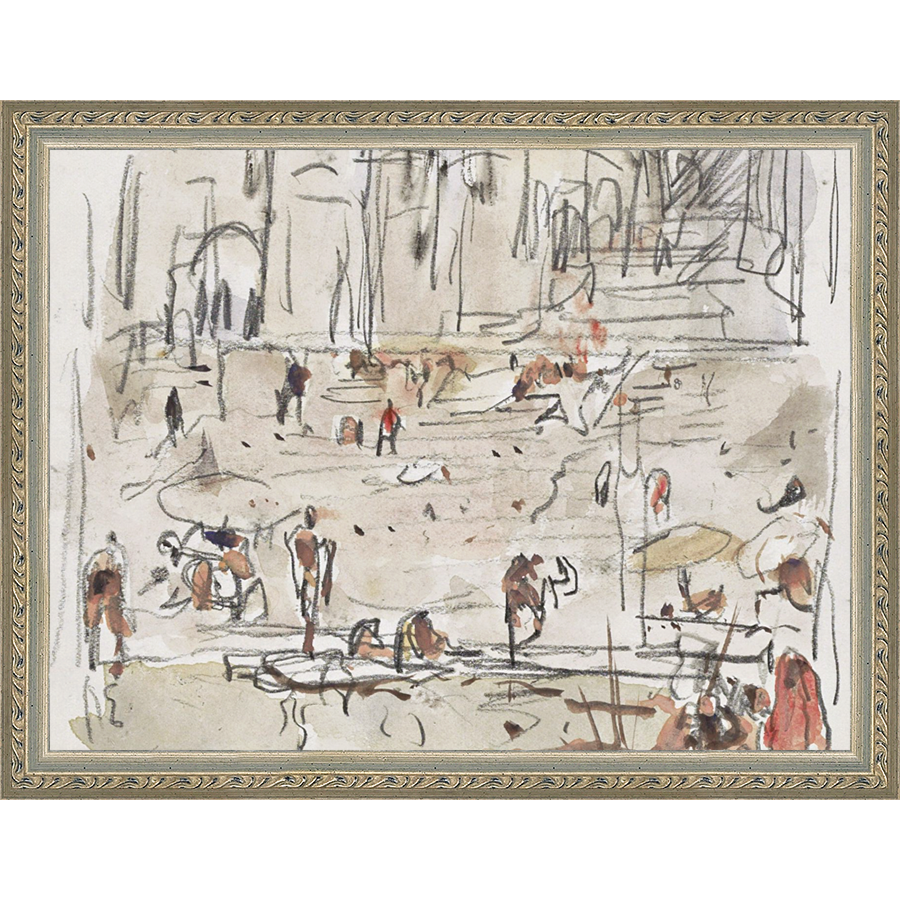 SA267-RIVERBANK SKETCH Hand framed in an ornate dark silver frame. Finished Size: W 13.25 in x H 10.25 in