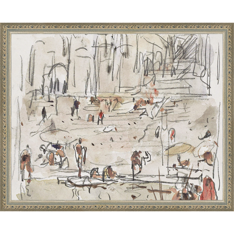 SA267-RIVERBANK SKETCH Hand framed in an ornate dark silver frame. Finished Size: W 15.25 in x H 12.25 in