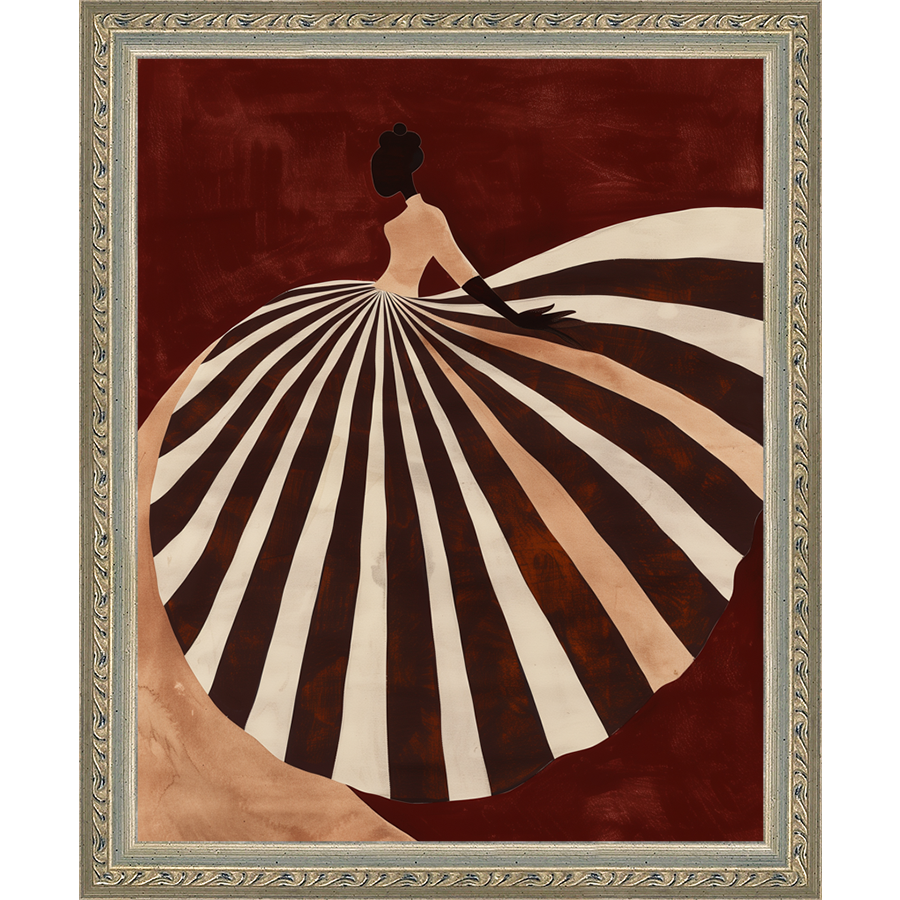 SA280-STRIPED SKIRT Hand framed in an ornate dark silver frame. Finished Size: W 9.25 in x H 11.25 in