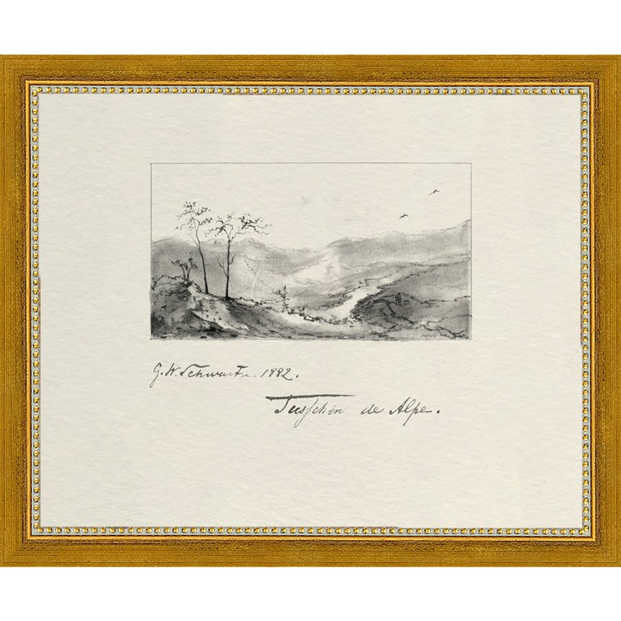 SA284-VINTAGE SKETCH PL 1 Hand framed in a transitional gold frame. Finished Size: W 11.25 in x H 9.25 in