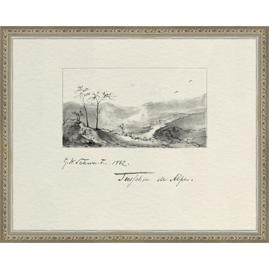 SA284-VINTAGE SKETCH PL 1 Hand framed in an ornate dark silver frame. Finished Size: W 15.25 in x H 12.25 in