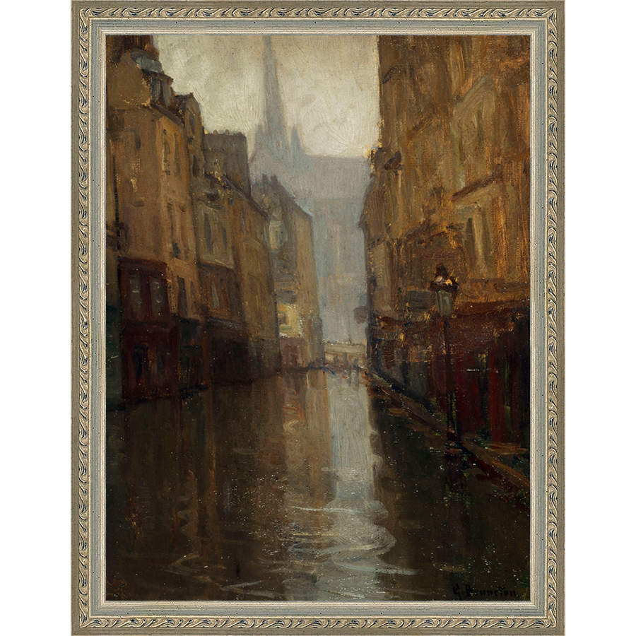 SA293-VIEW TO CATHEDRAL Hand framed in an ornate dark silver frame. Finished Size: W 10.25 in x H 13.25 in