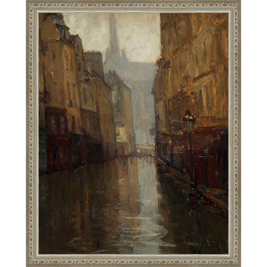 SA293-VIEW TO CATHEDRAL Hand framed in an ornate dark silver frame. Finished Size: W 12.25 in x H 15.25 in