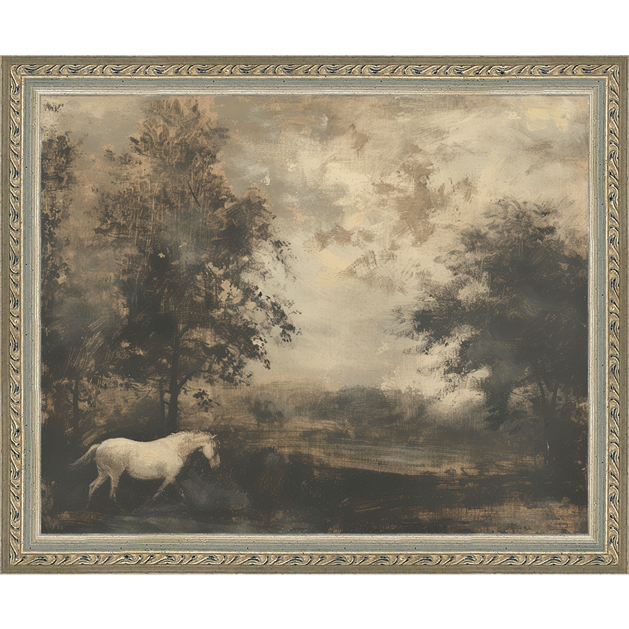SA299-HORSE IN FIELD Hand framed in an ornate dark silver frame. Finished Size: W 11.25 in x H 9.25 in