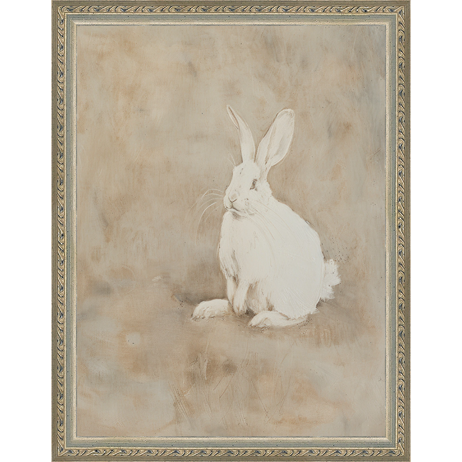 SA314-MUTED RABBIT II Hand framed in an ornate dark silver frame. Finished Size: W 10.25 in x H 13.25 in