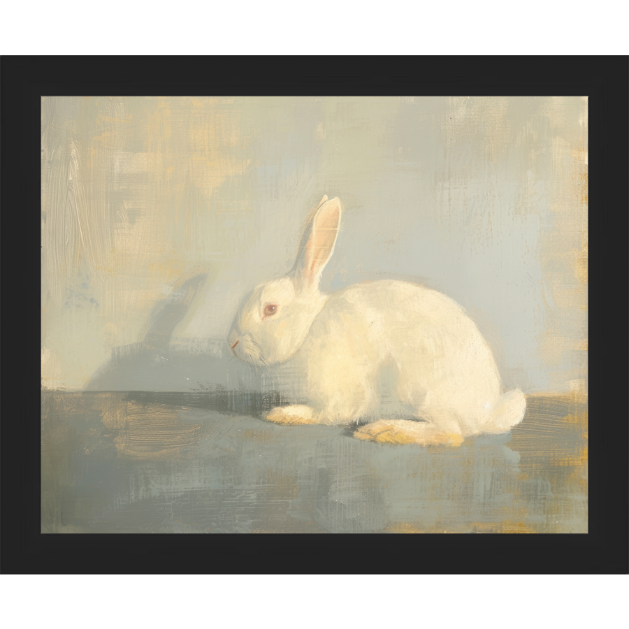 SA317-WHITE RABBIT Hand framed in a matte black frame. Finished Size: W 11.25 in x H 9.25 in