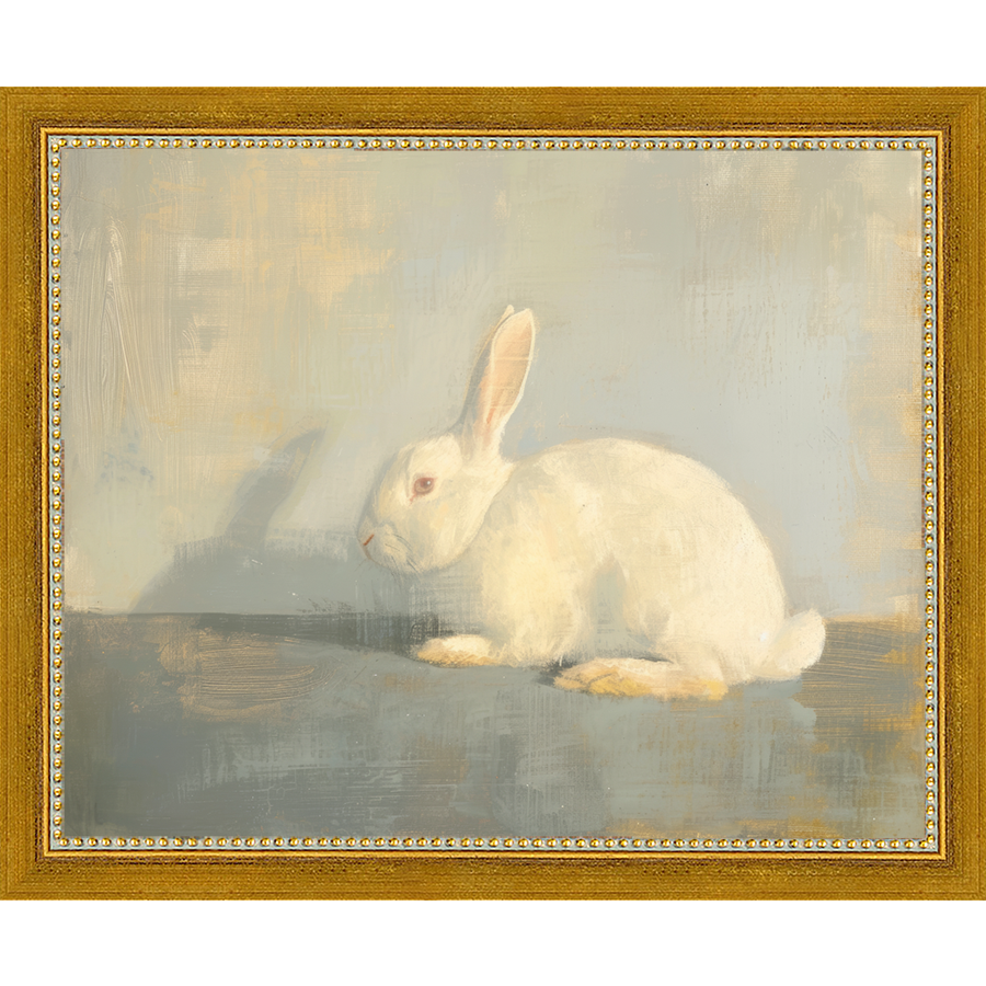 SA317-WHITE RABBIT Hand framed in a transitional gold frame. Finished Size: W 11.25 in x H 9.25 in
