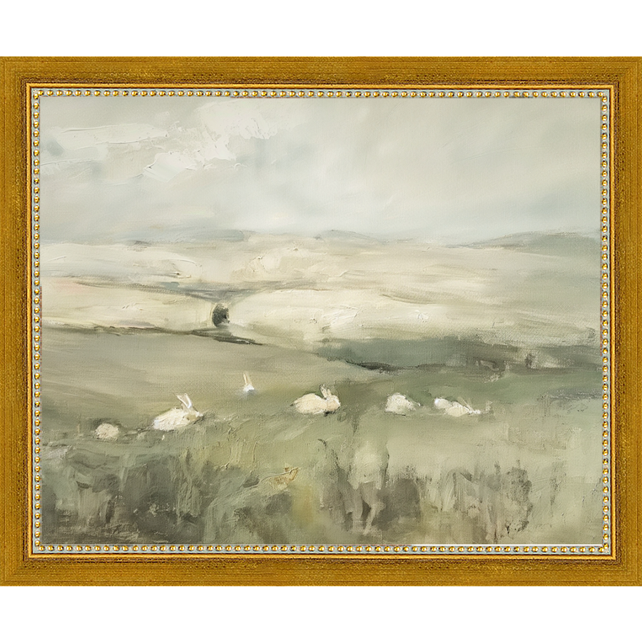 SA318-PRAIRIE BUNNIES Hand framed in a transitional gold frame. Finished Size: W 11.25 in x H 9.25 in