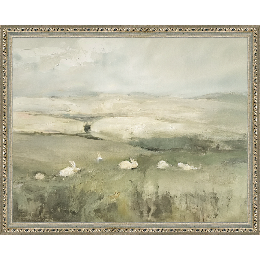 SA318-PRAIRIE BUNNIES Hand framed in an ornate dark silver frame. Finished Size: W 15.25 in x H 12.25 in