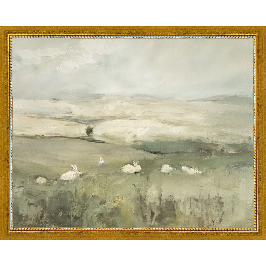 SA318-PRAIRIE BUNNIES Hand framed in a transitional gold frame. Finished Size: W 15.25 in x H 12.25 in