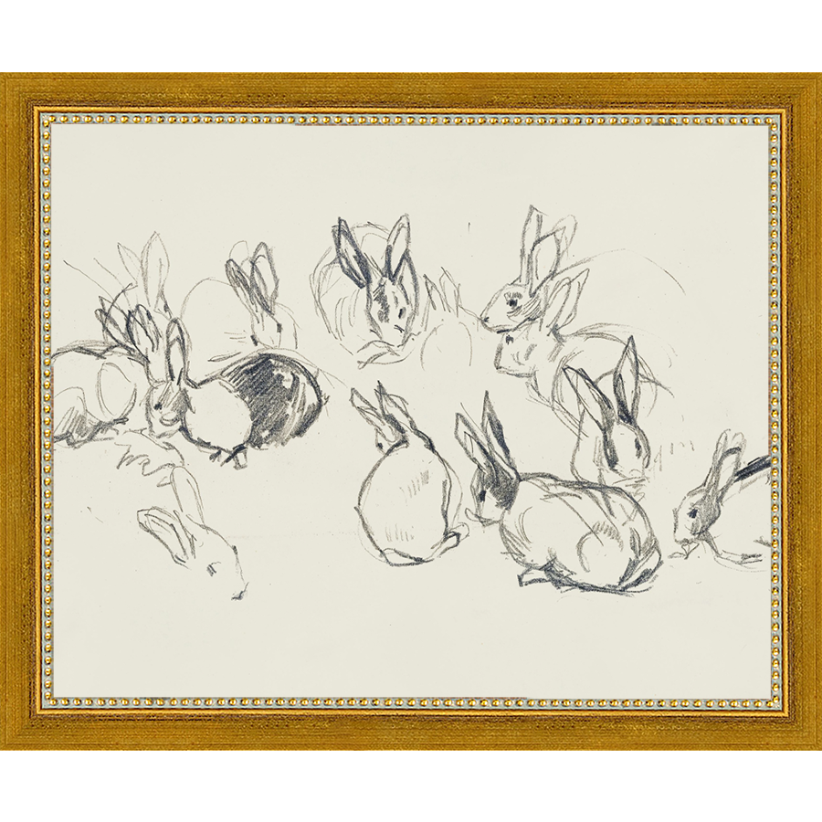 SA319-BUNNIES SKETCH Hand framed in a transitional gold frame. Finished Size: W 11.25 in x H 9.25 in