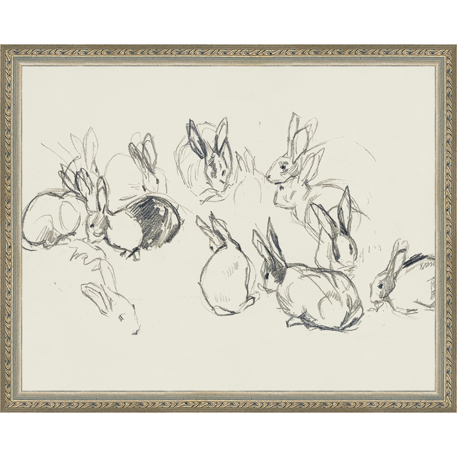 SA319-BUNNIES SKETCH Hand framed in an ornate dark silver frame. Finished Size: W 15.25 in x H 12.25 in