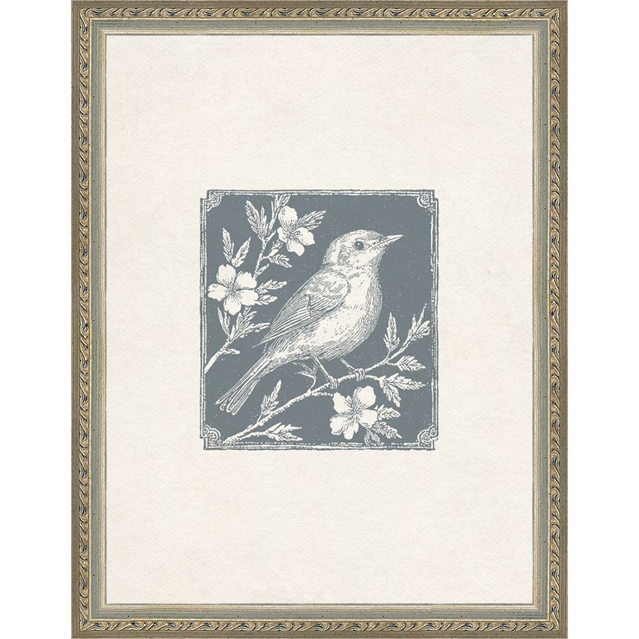 SA322-SONGBIRD I Hand framed in an ornate dark silver frame. Finished Size: W 10.25 in x H 13.25 in