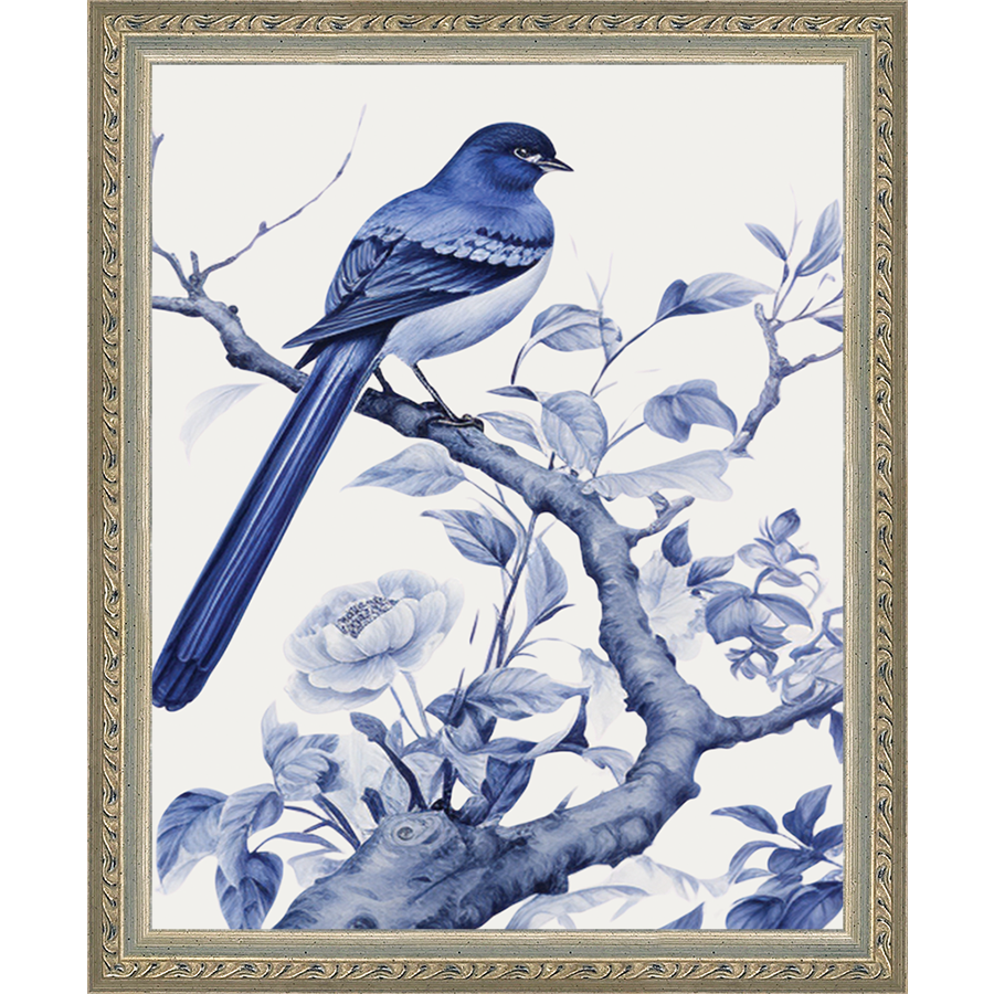 SA325-BIRD IN TREE TRIPTYCH II Hand framed in an ornate dark silver frame. Finished Size: W 9.25 in x H 11.25 in