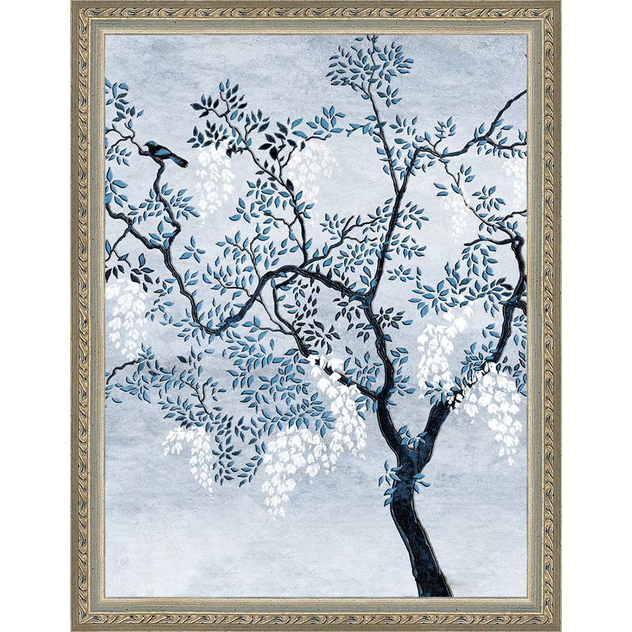 SA328-BLUE TRIPTYCH II Hand framed in an ornate dark silver frame. Finished Size: W 10.25 in x H 13.25 in