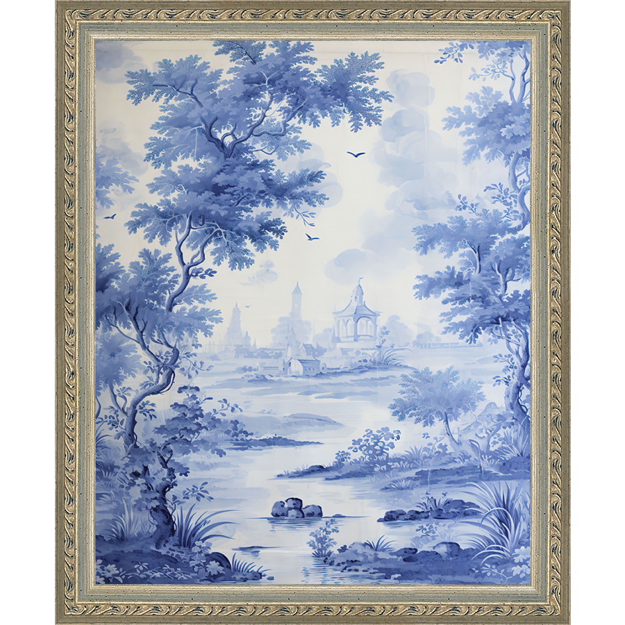 SA330-BLUE JOUY I Hand framed in an ornate dark silver frame. Finished Size: W 9.25 in x H 11.25 in