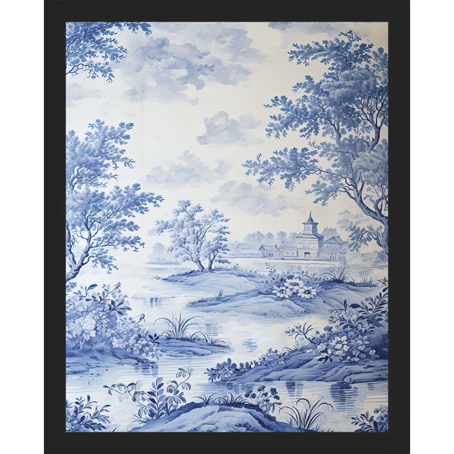 SA331-BLUE JOUY II Hand framed in a matte black frame. Finished Size: W 12.25 in x H 15.25 in
