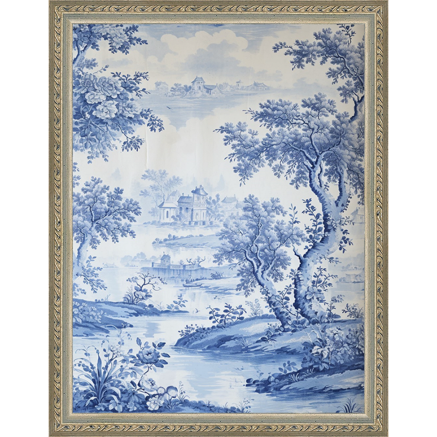 SA332-BLUE JOUY III Hand framed in an ornate dark silver frame. Finished Size: W 10.25 in x H 13.25 in