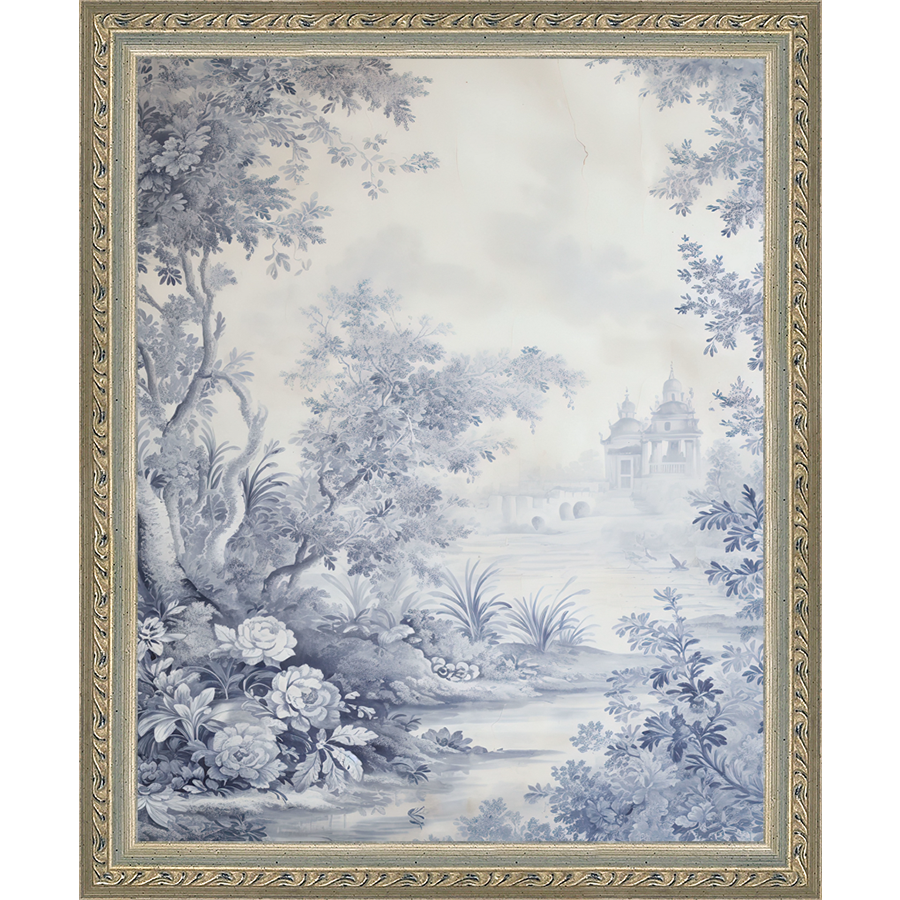 SA333-TOILE LANDSCAPE I Hand framed in an ornate dark silver frame. Finished Size: W 9.25 in x H 11.25 in