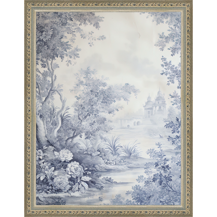 SA333-TOILE LANDSCAPE I Hand framed in an ornate dark silver frame. Finished Size: W 10.25 in x H 13.25 in