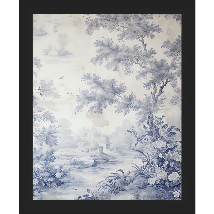 SA334-TOILE LANDSCAPE II Hand framed in a matte black frame. Finished Size: W 9.25 in x H 11.25 in