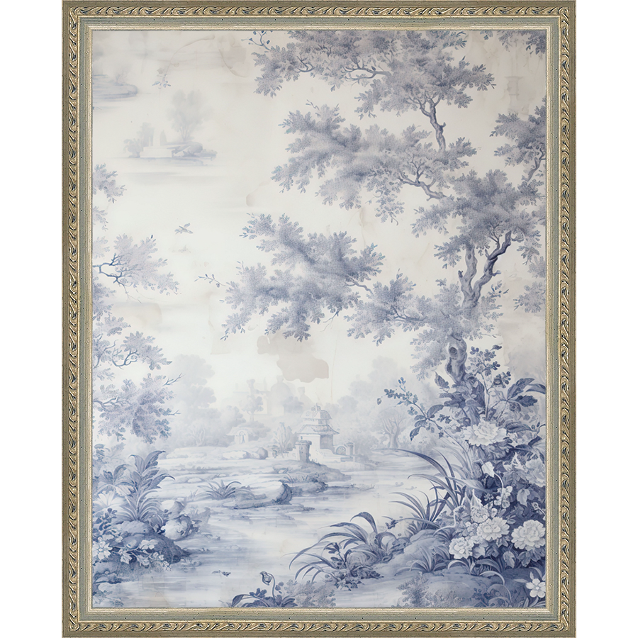 SA334-TOILE LANDSCAPE II Hand framed in an ornate dark silver frame. Finished Size: W 12.25 in x H 15.25 in
