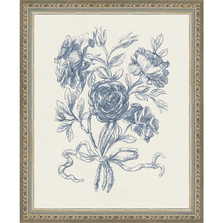 SA335-TOILE BOUQUET I Hand framed in an ornate dark silver frame. Finished Size: W 9.25 in x H 11.25 in