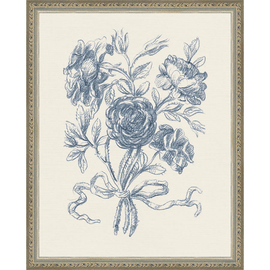 SA335-TOILE BOUQUET I Hand framed in an ornate dark silver frame. Finished Size: W 12.25 in x H 15.25 in