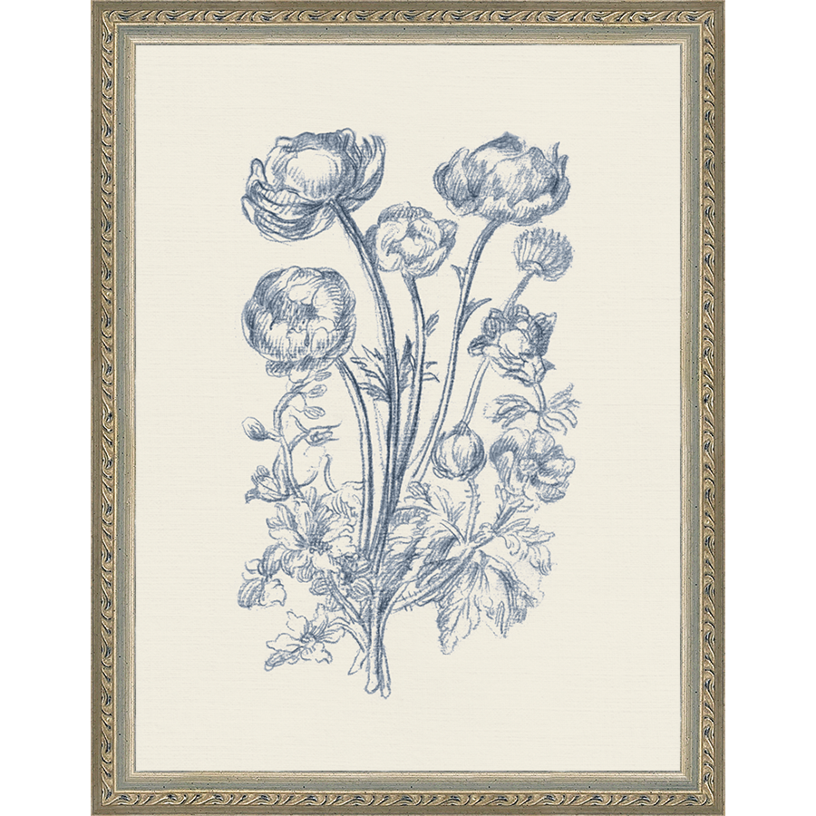 SA336-TOILE BOUQUET II Hand framed in an ornate dark silver frame. Finished Size: W 10.25 in x H 13.25 in