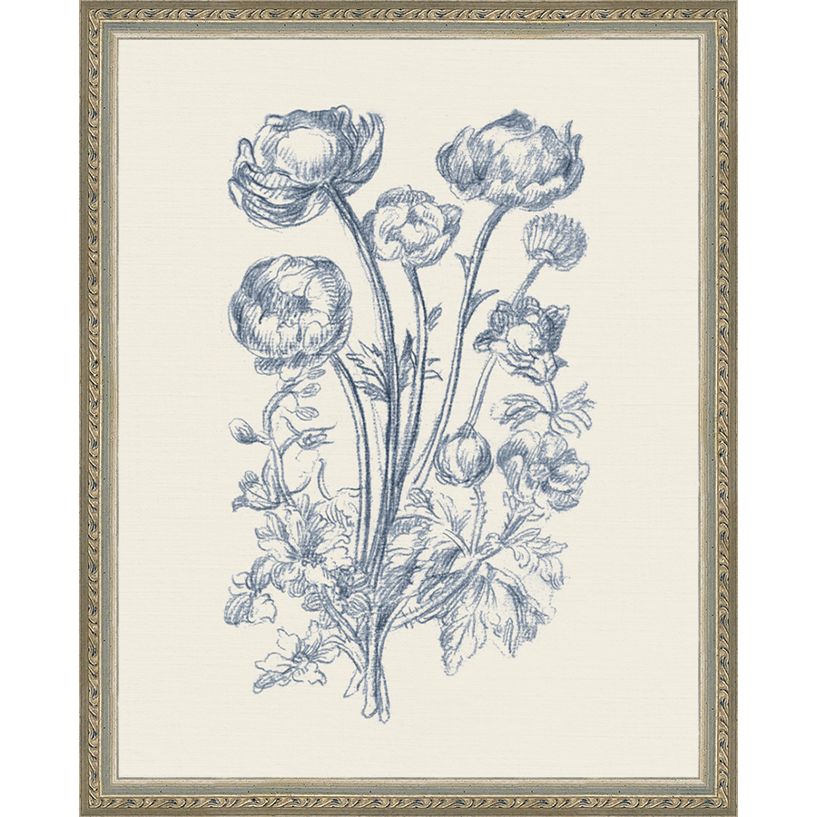 SA336-TOILE BOUQUET II Hand framed in an ornate dark silver frame. Finished Size: W 12.25 in x H 15.25 in