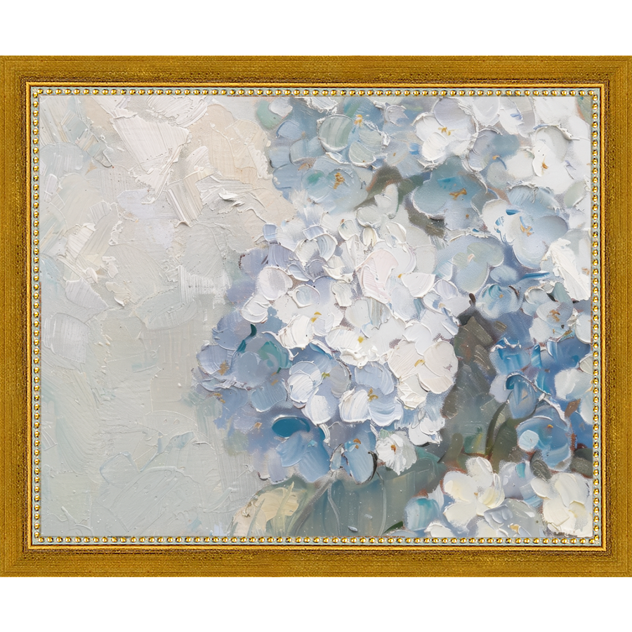SA347-BLUE HYDRANGEAS Hand framed in a transitional gold frame. Finished Size: W 11.25 in x H 9.25 in
