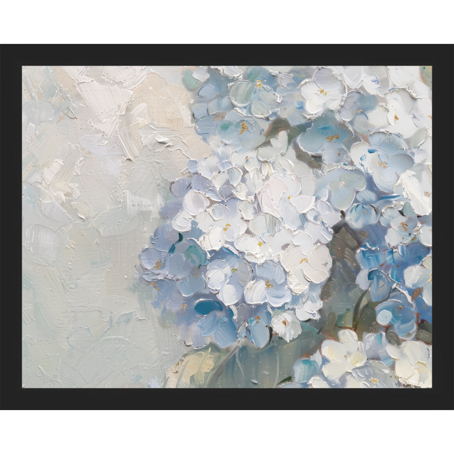 SA347-BLUE HYDRANGEAS Hand framed in a matte black frame. Finished Size: W 15.25 in x H 12.25 in