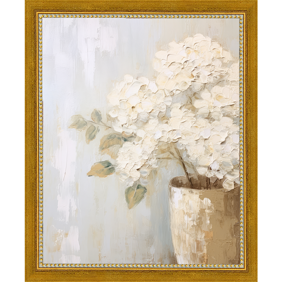 SA348-WHITE HYDRANGEAS Hand framed in a transitional gold frame. Finished Size: W 9.25 in x H 11.25 in