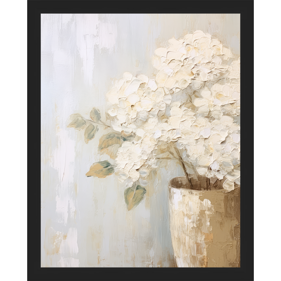 SA348-WHITE HYDRANGEAS Hand framed in a matte black frame. Finished Size: W 12.25 in x H 15.25 in