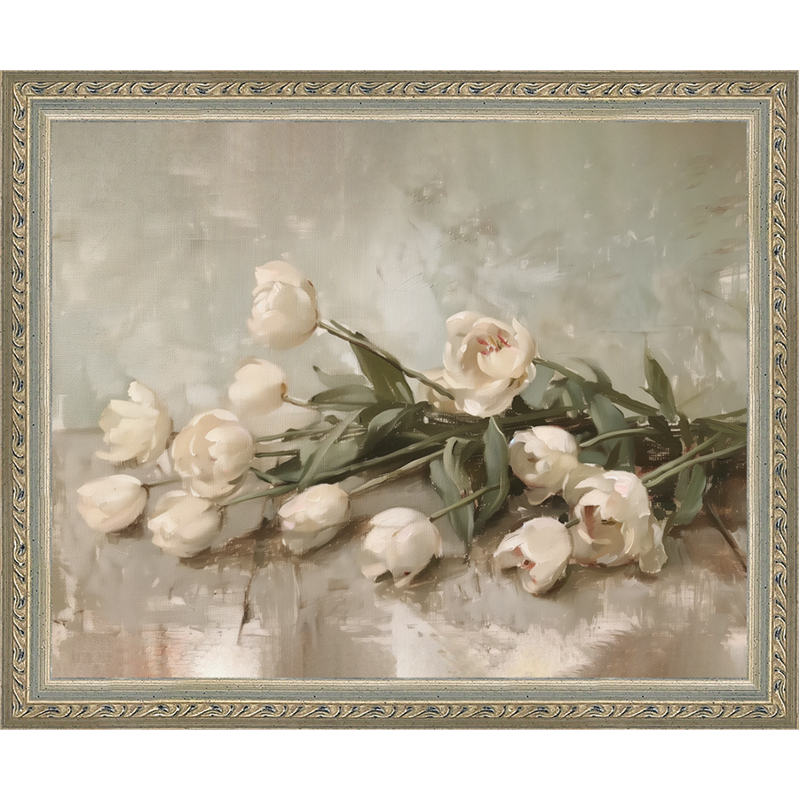 SA349-WHITE TULIPS Hand framed in an ornate dark silver frame. Finished Size: W 11.25 in x H 9.25 in