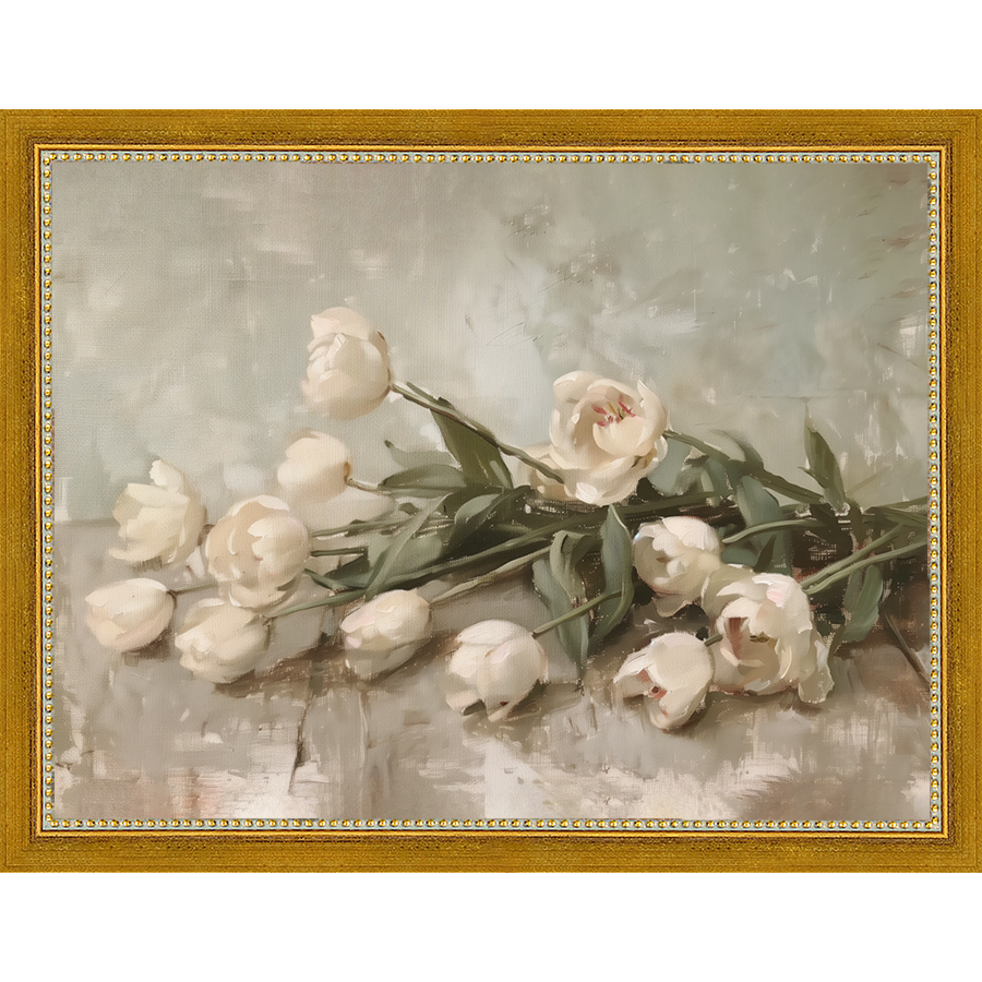SA349-WHITE TULIPS Hand framed in a transitional gold frame. Finished Size: W 13.25 in x H 10.25 in